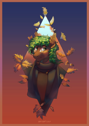 Size: 2400x3400 | Tagged: safe, artist:orfartina, imported from derpibooru, oc, oc only, oc:jaeger sylva, earth pony, pony, autumn, bust, ear fluff, glasses, gradient background, leaves, solo