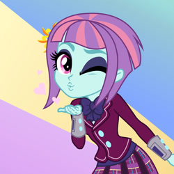 Size: 900x900 | Tagged: safe, artist:sapphiregamgee, imported from derpibooru, sunny flare, human, equestria girls, friendship games, abstract background, blowing a kiss, bowtie, clothes, crystal prep, crystal prep academy, crystal prep academy uniform, crystal prep shadowbolts, female, kissy face, one eye closed, school uniform, wink