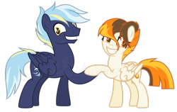 Size: 1081x682 | Tagged: safe, artist:ipandacakes, imported from derpibooru, oc, oc only, oc:fire starter, oc:jet streak, earth pony, pegasus, pony, female, male, mare, offspring, parent:fast clip, parent:rainbow dash, parent:soarin', parent:spitfire, parents:soarindash, simple background, stallion, transparent background