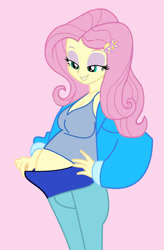 Size: 787x1200 | Tagged: safe, artist:0024387, imported from derpibooru, fluttershy, human, equestria girls, bedroom eyes, belly, big belly, breasts, busty fluttershy, camisole, cleavage, clothes, eyeshadow, female, lidded eyes, looking down, makeup, pants, preggoshy, pregnant, pregnant equestria girls, show accurate, show accurate porn, simple background, smiling, solo