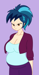 Size: 633x1200 | Tagged: safe, artist:0024387, imported from derpibooru, indigo zap, human, equestria girls, bedroom eyes, belly, big belly, big breasts, breasts, busty indigo zap, cleavage, female, hand on belly, looking at you, ponytail, pregnant, pregnant equestria girls, show accurate, show accurate porn, solo