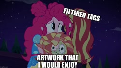Size: 888x500 | Tagged: safe, edit, edited screencap, imported from derpibooru, screencap, pinkie pie, sunset shimmer, equestria girls, equestria girls series, sunset's backstage pass!, spoiler:eqg series (season 2), caption, doll, female, image macro, imgflip, meta, text, toy