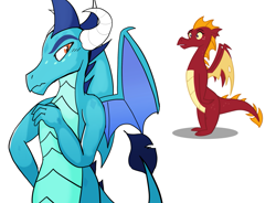 Size: 1531x1125 | Tagged: safe, artist:klondike, artist:queencold, edit, imported from derpibooru, garble, princess ember, dragon, dragoness, emble, female, frown, garbledina, male, prince ash, rule 63, shipping, simple background, spread wings, straight, surprised, teenaged dragon, white background, wide eyes, wings