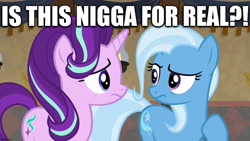 Size: 1280x720 | Tagged: safe, edit, edited screencap, editor:useraccount, imported from derpibooru, screencap, starlight glimmer, trixie, pony, unicorn, road to friendship, caption, confused, duo, image macro, looking at each other, meme, nigga, racism, text, trixie yells at everything, vulgar