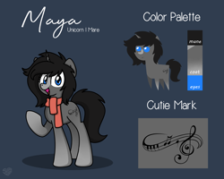 Size: 2560x2048 | Tagged: safe, alternate version, artist:sugar morning, imported from derpibooru, oc, oc only, oc:maya madrigal, pony, unicorn, clothes, commission, cutie mark, female, mare, pointy ponies, reference sheet, scarf, simple background, solo