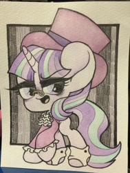 Size: 1552x2048 | Tagged: safe, artist:oc_ponys, imported from derpibooru, snowfall frost, starlight glimmer, pony, unicorn, chibi, clothes, glasses, hat, spats, top hat, traditional art