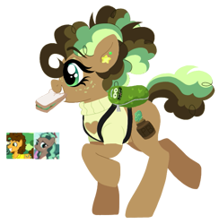 Size: 633x649 | Tagged: safe, artist:unoriginai, imported from derpibooru, cheese sandwich, minty mocha, oc, earth pony, adoptable, backpack, boob window, clothes, cute, ear piercing, earring, food, jewelry, lineless, lineless art, offspring, parent:cheese sandwich, parent:minty mocha, pickle, pickle rick, piercing, sandwich, screencap reference, simple background, sweater, transparent background