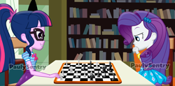 Size: 3348x1645 | Tagged: safe, artist:paulysentry, deleted from derpibooru, imported from derpibooru, rarity, sci-twi, twilight sparkle, equestria girls, book, bookshelf, chess, library, obtrusive watermark, show accurate, watermark