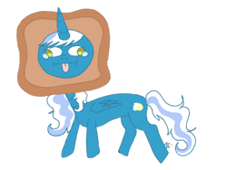Size: 1032x774 | Tagged: safe, artist:icycatpainter, imported from derpibooru, oc, oc only, oc:fleurbelle, alicorn, pony, alicorn oc, bread, cross-eyed, cursed image, female, food, horn, mare, simple background, solo, tongue out, transparent background