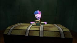 Size: 1024x575 | Tagged: safe, artist:undeadponysoldier, imported from derpibooru, twilight sparkle, pony, unicorn, series:spikebob scalepants, 3d, creepy, crossover, desk, female, gmod, greedy, grin, insanity, krusty krab, looking at you, mare, money, obsessed, smiling, solo, spongebob squarepants, table, twilight snapple, unicorn twilight