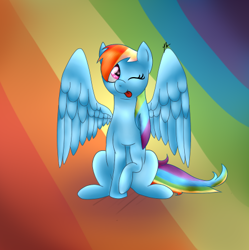 Size: 442x444 | Tagged: safe, artist:xxneoneveningxx, imported from derpibooru, rainbow dash, pegasus, pony, cute, dashabetes, female, mare, one eye closed, raised hoof, simple background, sitting, solo, spread wings, tongue out, wings