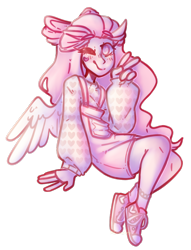 Size: 718x942 | Tagged: safe, artist:mcwolfity, imported from derpibooru, oc, oc only, human, clothes, humanized, one eye closed, peace sign, shoes, simple background, sitting, solo, transparent background, winged humanization, wings, wink