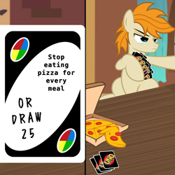 Size: 2500x2500 | Tagged: safe, artist:pizzamovies, imported from derpibooru, oc, oc only, oc:pizzamovies, pony, annoyed, exploitable meme, food, meat, meme, pepperoni, pepperoni pizza, pizza, pizza box, show accurate, solo, uno