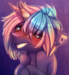 Size: 500x546 | Tagged: safe, artist:cabbage-arts, imported from derpibooru, oc, oc only, pony, unicorn, blushing, eye clipping through hair, grin, horn, male, smiling, solo, unicorn oc