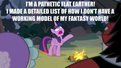 Size: 1280x720 | Tagged: safe, artist:jarrahwhite, edit, edited screencap, imported from derpibooru, screencap, cozy glow, lord tirek, queen chrysalis, twilight sparkle, alicorn, centaur, pony, frenemies (episode), caption, disguise, disguised changeling, female, flat earth, image macro, mare, meme, text, the pathetic princess thing, twilight sparkle (alicorn)