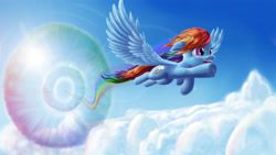 Size: 4622x2600 | Tagged: safe, artist:asloric, imported from derpibooru, rainbow dash, pegasus, pony, cloud, cool, cute, dashabetes, female, happy, lens flare, mare, rainbow trail, smiling, solo, sonic rainboom, spread wings, sun, wings