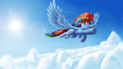 Size: 4622x2600 | Tagged: safe, alternate version, artist:asloric, imported from derpibooru, rainbow dash, pegasus, pony, cloud, cute, dashabetes, female, happy, lens flare, mare, smiling, solo, spread wings, sun, wings