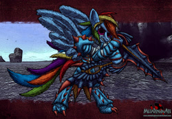 Size: 2945x2037 | Tagged: safe, artist:metadragonart, imported from derpibooru, rainbow dash, pegasus, pony, armor, badass, female, mare, monster hunter, solo, spread wings, weapon, wings