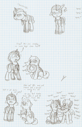 Size: 896x1395 | Tagged: safe, artist:ravenpuff, imported from derpibooru, oc, oc only, oc:good fortune, oc:sugar glacing, oc:sugar glazing, pegasus, pony, unicorn, ..., :i, bored, chew toy, clothes, colt, comic, dialogue, disgusted, exclamation point, graph paper, grayscale, horn, interrobang, male, monochrome, mouth hold, onomatopoeia, open mouth, pegasus oc, question mark, raised hoof, squeak, suit, surprised, traditional art, unamused, unicorn oc, unshorn fetlocks, wings