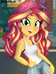 Size: 1536x2048 | Tagged: safe, artist:artmlpk, imported from derpibooru, sunset shimmer, equestria girls, bandana, blushing, bra, clothes, crop top bra, cute, denim, design, female, hand on hip, house, jeans, looking at you, open mouth, pants, shimmerbetes, shirt, smiling, smiling at you, solo, style, t-shirt, tanktop, underwear