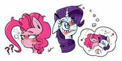 Size: 1754x877 | Tagged: safe, artist:shelbysmol, imported from derpibooru, pinkie pie, rarity, earth pony, pony, unicorn, blushing, bust, drunk, drunk bubbles, drunk lesbian, drunk rarity, drunkie pie, duo, female, kissing, lesbian, lesbian pie, mare, question mark, raripie, shipping, signature, simple background, sweat, thought bubble, white background
