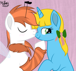 Size: 3057x2881 | Tagged: safe, artist:mihay, artist:mihaynoms, imported from derpibooru, oc, oc only, oc:manubee, oc:sunshine denom, bee pony, original species, pony, birthday, cute, kissing, movie accurate, nosekiss, shipping, simple background
