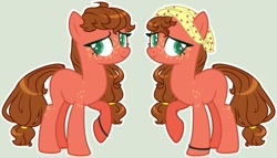 Size: 1024x584 | Tagged: safe, artist:dinkydoolove, artist:stormcloud-yt, imported from derpibooru, oc, oc only, earth pony, pony, base used, bracelet, duo, earth pony oc, eyelashes, female, freckles, gray background, handkerchief, hat, jewelry, magical gay spawn, mare, offspring, parent:big macintosh, parent:cheese sandwich, parents:mac n cheese, simple background, solo