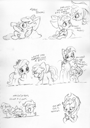 Size: 2386x3393 | Tagged: safe, artist:dilarus, deleted from derpibooru, imported from derpibooru, apple bloom, applejack, diamond tiara, scootaloo, sweetie belle, twilight sparkle, alicorn, earth pony, pegasus, pony, unicorn, apple bloom's bow, applejack's hat, bow, cowboy hat, dialogue, female, filly, freckles, hair bow, hat, mare, monochrome, simple background, traditional art, twilight sparkle (alicorn), vulgar, what a twist, white background