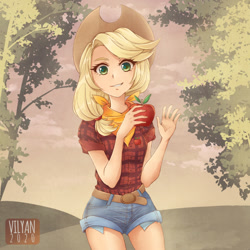 Size: 1280x1281 | Tagged: safe, artist:vilyann, artist:who-the-hell-is-vilyan, imported from derpibooru, part of a set, applejack, human, apple, bandana, colored pupils, cute, denim shorts, female, flannel, food, humanized, jackabetes, looking at you, smiling, solo