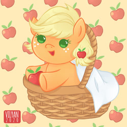 Size: 737x737 | Tagged: safe, artist:vilyann, artist:who-the-hell-is-vilyan, imported from derpibooru, part of a set, applejack, earth pony, pony, apple, baby, baby pony, babyjack, basket, cute, female, foal, food, jackabetes, open mouth, solo, weapons-grade cute, younger