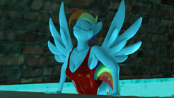 Size: 3840x2160 | Tagged: safe, artist:epsilonwolf, imported from derpibooru, rainbow dash, anthro, pegasus, plantigrade anthro, 3d, baywatch, breasts, busty rainbow dash, cleavage, clothes, eyes closed, female, indoor swimming pool, indoors, nexgen, one-piece swimsuit, solo, source filmmaker, swimming pool, swimsuit, water, wet, wet mane, wings