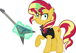 Size: 3021x2094 | Tagged: safe, artist:anime-equestria, imported from derpibooru, sunset shimmer, pony, unicorn, clothes, ear piercing, female, flying v, guitar, jacket, leather jacket, levitation, looking at you, magic, mare, musical instrument, piercing, ponified, rock (music), rocker, simple background, smiling, solo, spikes, telekinesis, transparent background, vector