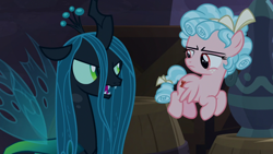 Size: 1920x1080 | Tagged: safe, imported from derpibooru, screencap, cozy glow, queen chrysalis, changeling, changeling queen, pegasus, pony, the summer sun setback, barrel, cozy glow is not amused, duo, female, filly, flying, foal, queen chrysalis is not amused, unamused