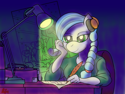 Size: 1648x1248 | Tagged: safe, artist:missmagnificence, imported from derpibooru, oc, oc only, oc:sapphi, oc:sapphire crystal, anthro, pegasus, braid, colored, female, lamp, quill, record player, shading, sitting, smiling, solo, wonderbolts, writing