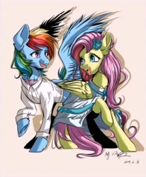 Size: 493x598 | Tagged: safe, artist:渊罗monster, imported from derpibooru, fluttershy, rainbow dash, pegasus, pony, the count of monte rainbow, clothes, duo, edmond dantes, female, flutterdash, lesbian, looking at each other, mare, mercedes, rainbow dantes, raised hoof, shipping, shycedes, simple background, the count of monte cristo