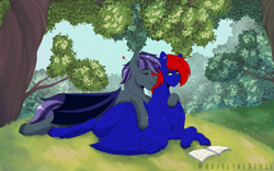 Size: 2560x1600 | Tagged: safe, artist:hazelthedevil, imported from derpibooru, oc, oc only, oc:night, oc:shrapnel, bat pony, pegasus, book, cuddling, ear piercing, forest background, hearts and hooves day, outdoors, piercing