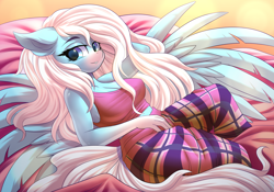 Size: 5000x3500 | Tagged: safe, artist:ask-colorsound, imported from derpibooru, oc, oc only, oc:icy heart, anthro, pegasus, absurd resolution, anthro oc, bed, clothes, female, mare, pajamas, solo