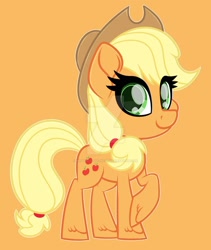 Size: 1600x1893 | Tagged: safe, artist:missbramblemele, artist:missmele-madness, imported from derpibooru, applejack, pony, chibi, deviantart watermark, female, obtrusive watermark, orange background, simple background, solo, watermark