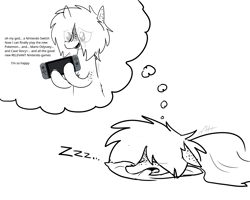 Size: 2000x1600 | Tagged: safe, artist:modocrisma, imported from derpibooru, oc, oc only, oc:sobakasu, earth pony, pony, blanket, chest fluff, crying, device, doodle, dream, eye clipping through hair, floppy ears, fluffy, freckles, game console, happy, hidden eyes, hoof hold, imagination, laying on bed, lineart, lying down, lying on bed, male, monochrome, nintendo, nintendo switch, onomatopoeia, open mouth, pillow, ponysona, simple background, sketch, sleeping, snoring, solo, sound effects, tears of joy, teenager, thought bubble, video game, white background, zzz