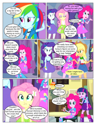 Size: 612x792 | Tagged: safe, artist:greatdinn, artist:newbiespud, edit, edited screencap, imported from derpibooru, screencap, applejack, fluttershy, pinkie pie, rainbow dash, rarity, twilight sparkle, comic:friendship is dragons, equestria girls, equestria girls (movie), arm behind head, clothes, collaboration, comic, cutie mark, cutie mark on clothes, dialogue, eyes closed, female, hairpin, hat, humane five, humane six, screencap comic, sitting, table