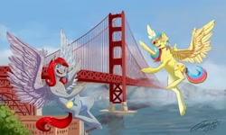 Size: 2048x1229 | Tagged: safe, imported from derpibooru, oc, oc only, oc:gallop crush, oc:golden gates, pegasus, pony, babscon, babscon mascots, bridge, golden gate bridge, ocean, san francisco