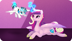 Size: 3239x1851 | Tagged: safe, artist:kraytt-05, imported from derpibooru, princess cadance, oc, oc:zero fire, alicorn, pony, alicorn oc, colt, cute, cutedance, female, glowing horn, horn, levitation, magic, male, mare, mother and child, mother and son, ocbetes, offspring, parent:princess cadance, parent:shining armor, parents:shiningcadance, prone, telekinesis