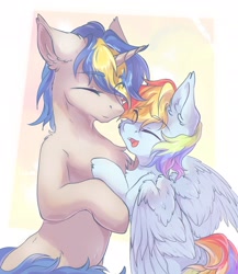 Size: 1670x1920 | Tagged: safe, alternate version, artist:三月, imported from derpibooru, rainbow dash, oc, oc:dopami korpela, pegasus, pony, unicorn, canon x oc, color correction, cute, dashabetes, dopadash, eyes closed, female, hug, male, mare, one eye closed, shipping, smiling, stallion, straight