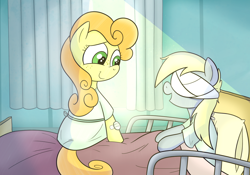 Size: 1472x1029 | Tagged: source needed, safe, artist:cookieboy011, derpibooru exclusive, imported from derpibooru, carrot top, derpy hooves, golden harvest, earth pony, pegasus, pony, bandage, bed, blind, cute, daaaaaaaaaaaw, duo, heartwarming, hospital, hospital bed