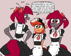 Size: 1404x1106 | Tagged: safe, artist:whatsapokemon, imported from derpibooru, oc, oc only, oc:ruby streak, oc:sage, oc:thyme, anthro, earth pony, bow, clothes, female, freckles, hair bow, hand on hip, maid, mistress, speech