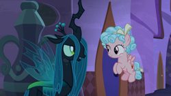 Size: 1280x720 | Tagged: safe, imported from derpibooru, screencap, cozy glow, queen chrysalis, changeling, changeling queen, pegasus, pony, the summer sun setback, duo, female, filly, flying, foal, smiling