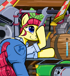 Size: 1045x1139 | Tagged: safe, artist:sallycars, imported from derpibooru, torque wrench, earth pony, pony, rainbow roadtrip, atorqueable, butt, cute, female, ms paint, plot, smiling, solo, working, wrench