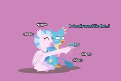 Size: 2207x1474 | Tagged: safe, artist:gd_inuk, imported from derpibooru, gallus, silverstream, classical hippogriff, griffon, hippogriff, blushing, cute, diastreamies, duo, eyes closed, female, gallabetes, gallus is not amused, giggling, hug, male, pink background, simple background, sitting, unamused, video camera