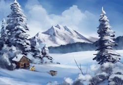 Size: 2560x1772 | Tagged: safe, artist:anticular, imported from derpibooru, applejack, earth pony, pony, cabin, cart, female, mare, mountain, scenery, snow, solo, tree, winter