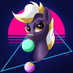 Size: 1500x1500 | Tagged: safe, artist:jphyperx, imported from derpibooru, oc, oc:wildheart, earth pony, pony, bandaid, bandaid on nose, bedroom eyes, bubble, bubblegum, bust, food, gum, jewelry, looking at you, necklace, portrait, retro, retrowave, signature, sun, triangle